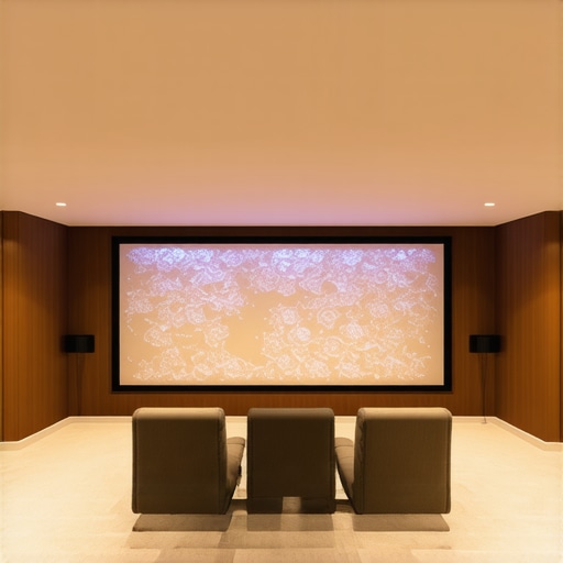 Elegant home theater with textured projection screen and ambient lighting