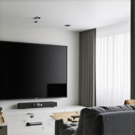 A sleek home theater setup with an ALR projection screen in a bright room, demonstrating light rejection technology.