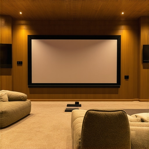 Elegant home theater with adjustable projection screen and ambient lighting