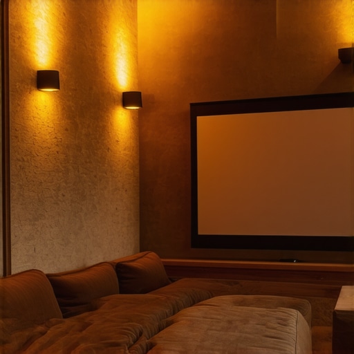Home theater corner featuring a textured projection screen, ambient lighting, and modern decor