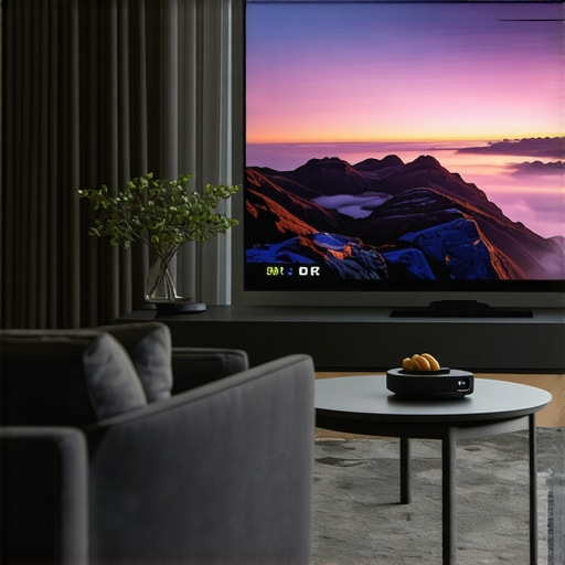 A high-gain projection screen in a well-lit living room with ambient light
