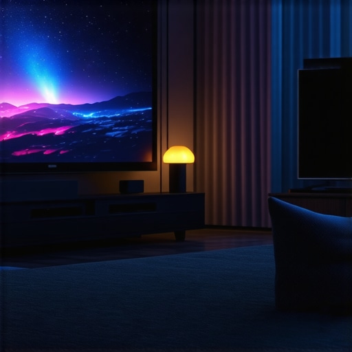 Home theater in a bright living room with a projector and projection screen.