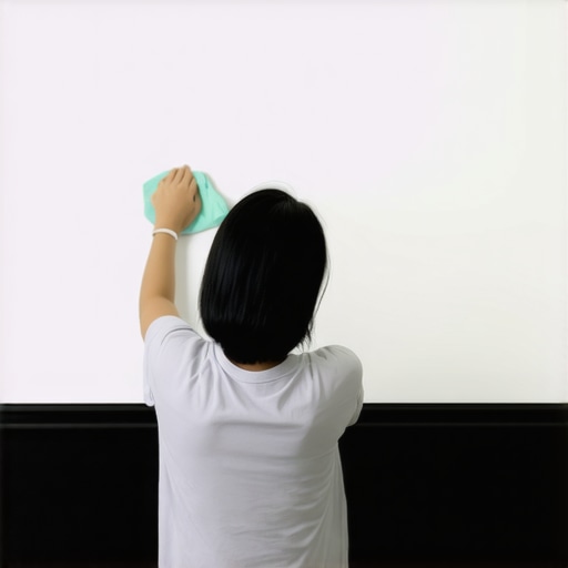 Person gently cleaning a projection screen with a microfiber cloth to maintain performance.