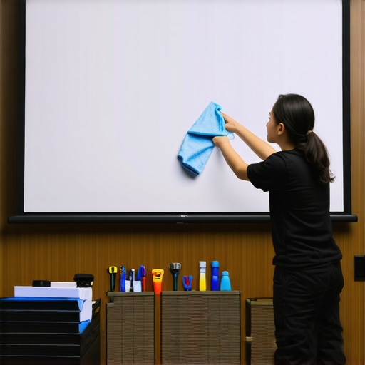A person gently cleaning a projection screen with a microfiber cloth in a modern home theater setting.