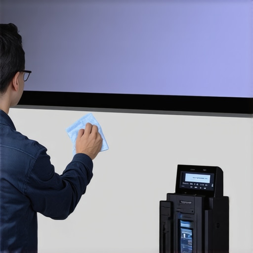 Person carefully cleaning a projection screen with microfiber cloth and calibration tools nearby.