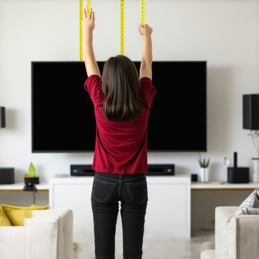 Person measuring room dimensions with tape measure for projector screen setup