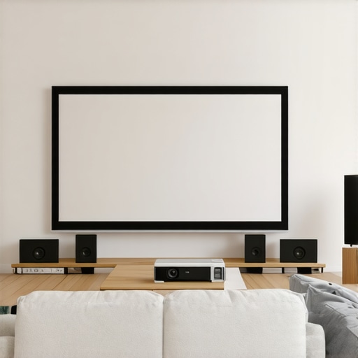 A bright living room with a large projection screen, projector mounted on the ceiling, and ambient light management tools.