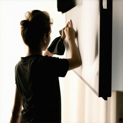 Person carefully cleaning a projection screen with a microfiber cloth.