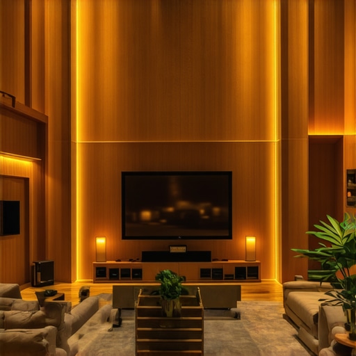 Modern living room featuring a large projection screen and ambient lighting for immersive viewing.