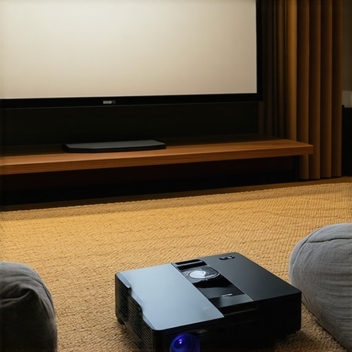 Home theater with projector and woven screen optimized for HDR viewing.