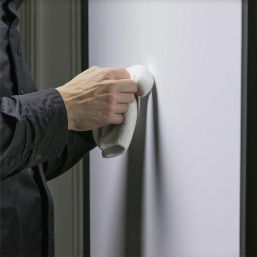 Person carefully cleaning a projection screen with cleaning tools in a home theater.