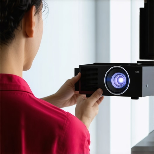 A person fine-tuning a home theater projector for optimal clarity with a projection screen.