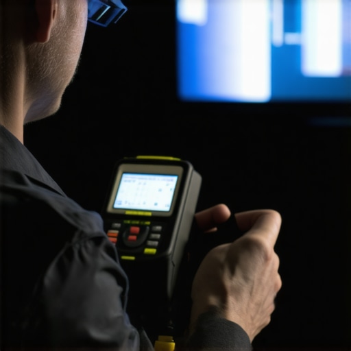 Technician calibrating projector environment with precise tools.