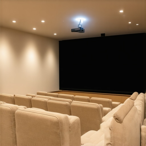 Front view of a home theater with a large projection screen and seating arranged at optimal distance for 16K content.