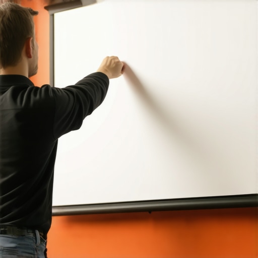 Installer mounting a projection screen in a sleek home theater setting