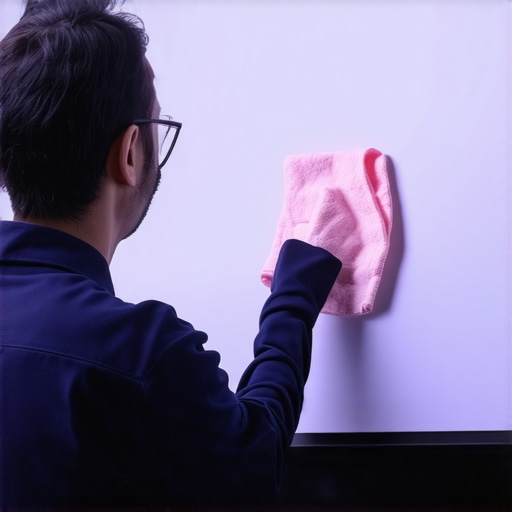 Technician carefully cleaning a projection screen in a home theater to maintain clarity and prevent damage.